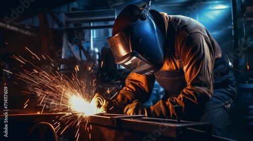 The welder works in the workshop. The moment of welding of metal structures