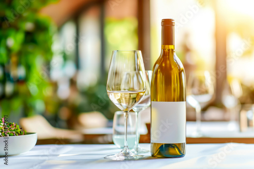Template of bottle of white wine on table with holiday setting on blurred modern restaurant interior background. Mockup