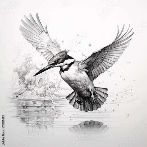 Pencil sketch kingfisher flying over water image Generative AI