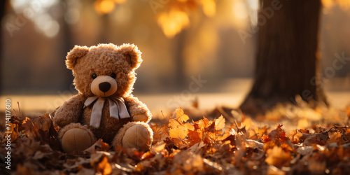 Lonely Teddy bear doll standing alone with blurry autumn forest background Lost brown bear toy looking sad International missing children's day. © khatija