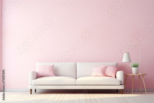 Cozy living room in a minimalist Scandinavian style with a sofa  pillows and a chair nearby and with pink walls.