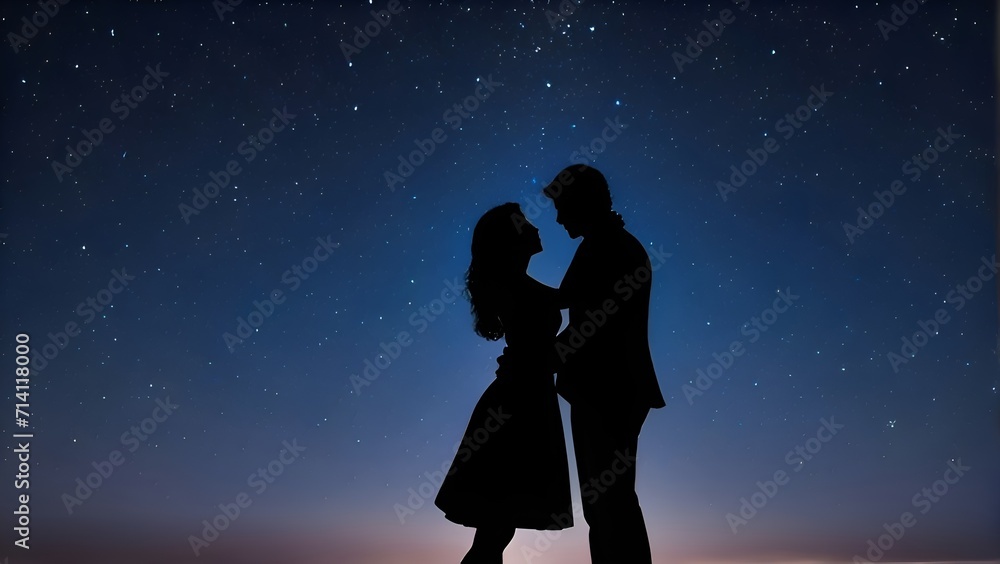 Generative ai. a couple standing next to each other under a night sky, romantic couple, romantic mood