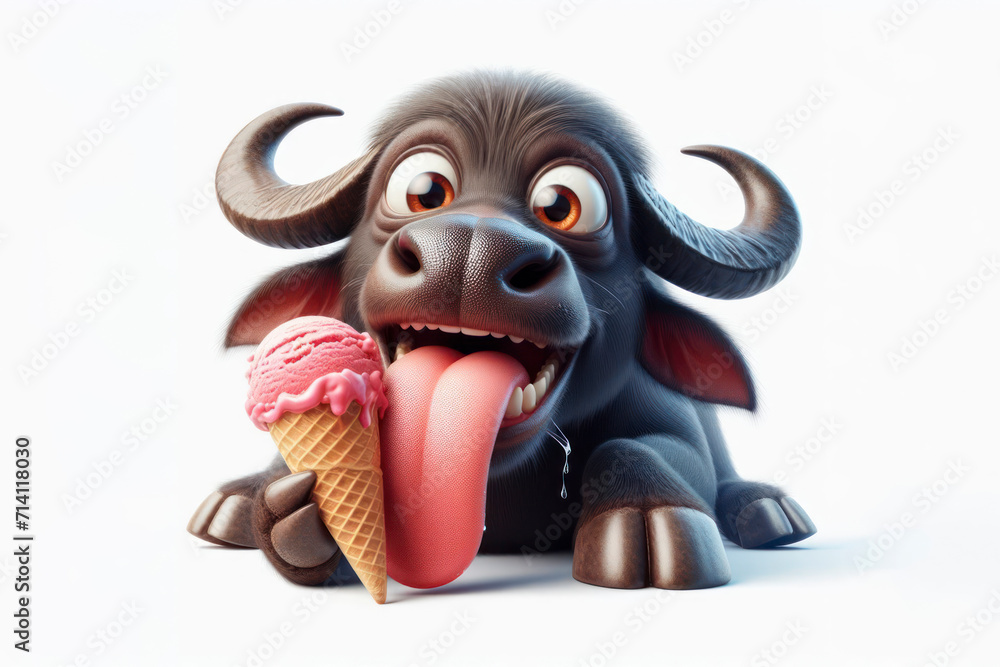 Buffalo with tongue hanging out and big bulging eyes eat ice cream cone ...