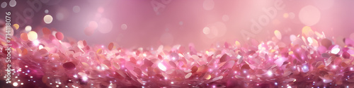 Pink sequins with pink bokeh particles on pink background. Macro photo style. Design for poster, wallpaper, print, banner, greeting card, invitation. Front view with copy space © Dennis