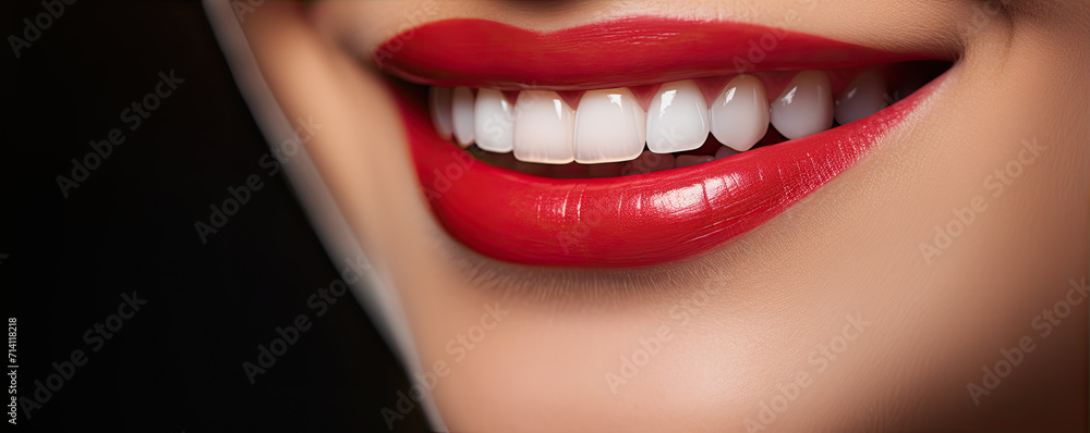 Fototapeta premium detail of smile with white teeth and red lips on bokeh background.