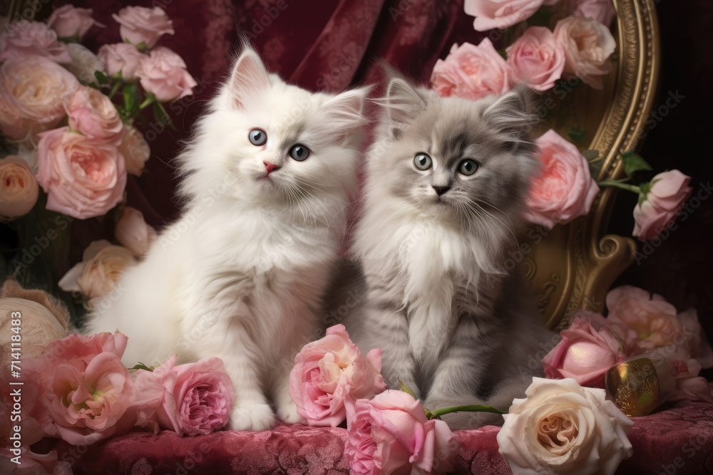 Fluffy Kittens and Pink Roses Valentine, Generative AI