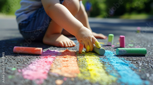 The child draws a house and a rainbow on the asphalt with chalk. Selective focus. Generative AI,