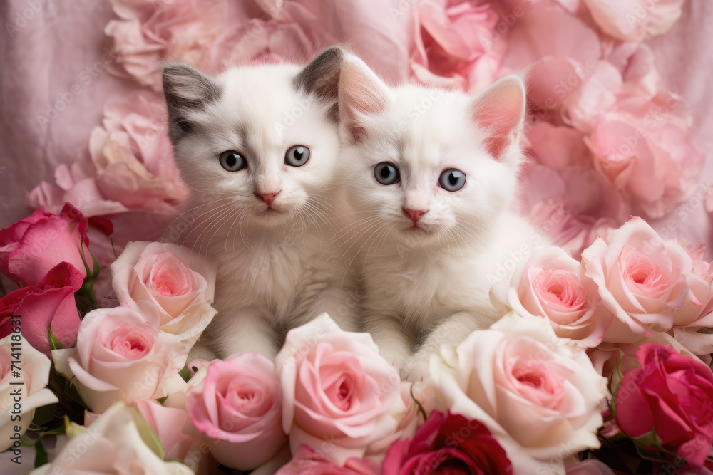 Fluffy Kittens and Pink Roses Valentine, Generative AI