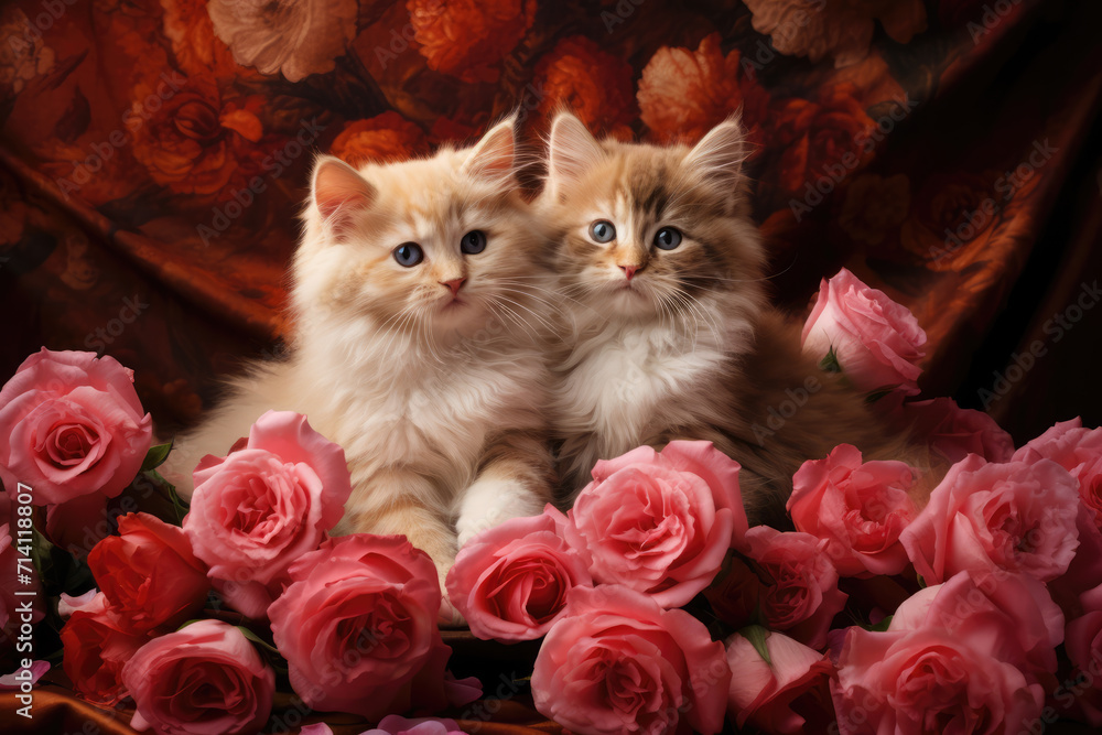 Fluffy Kittens and Pink Roses Valentine, Generative AI