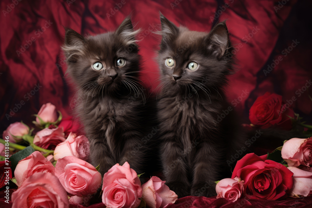 Black Kittens and Pink Roses on Valentine's Day, Generative AI