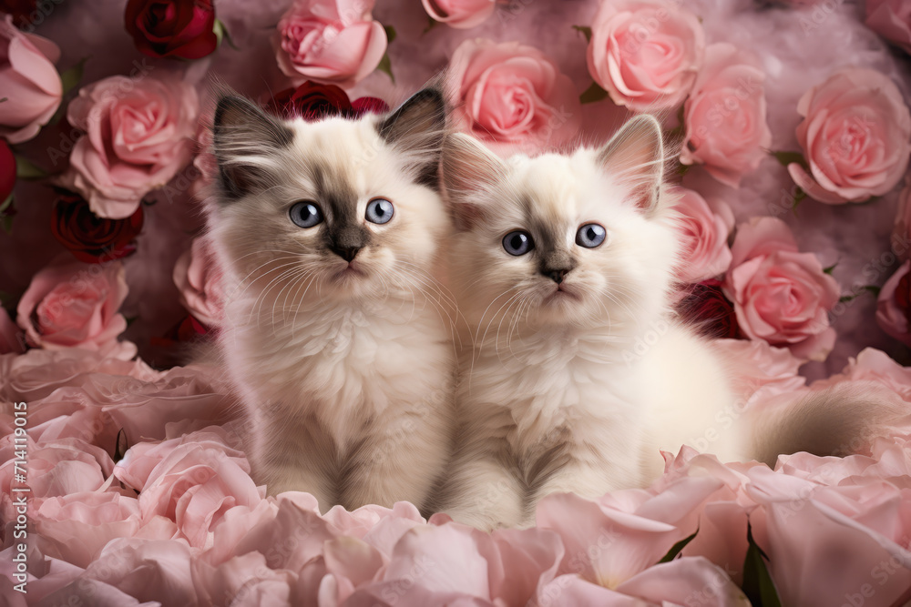 Fluffy Kittens and Pink Roses Valentine, Generative AI