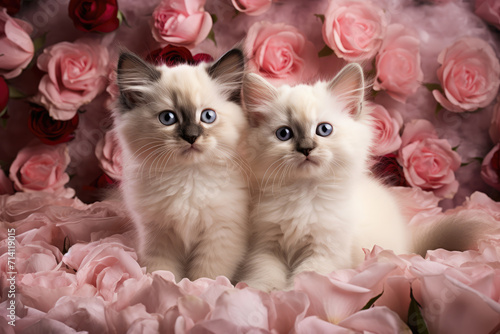 Obraz na płótnie Fluffy Kittens and Pink Roses Valentine, Generative AI w salonie