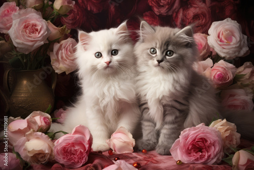  Fluffy Kittens and Pink Roses Valentine, Generative AI
