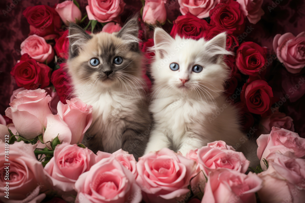 Fluffy Kittens and Pink Roses Valentine, Generative AI