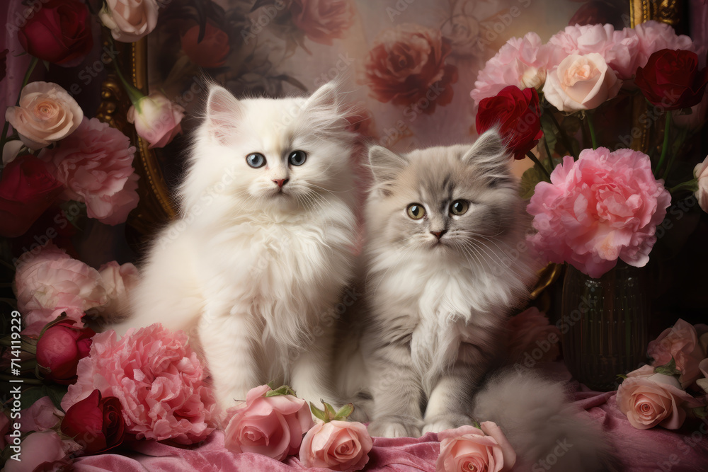 Fluffy Kittens and Pink Roses Valentine, Generative AI