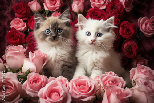 Obraz na płótnie Fluffy Kittens and Pink Roses Valentine, Generative AI w salonie