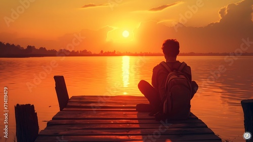 Dockside Solitude - Solo Traveler Man Relishing the Serene Sunset from a Wooden Dock