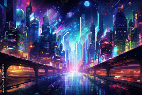 abtract colorful futuristic night city background, neon signs, long exposure lights, 3d render, 3d illustration (ai generated)