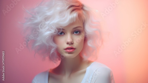 Portrait of a beautiful woman with white curly hair on a pink background Generative AI