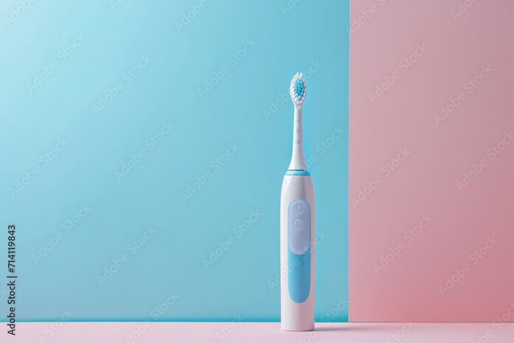 Electric Modern Ultrasonic Automatic Toothbrush on Flat Color Table with Copy Space Electric Modern Ultrasonic Automatic Toothbrush on Flat Color Table with Copy Space
