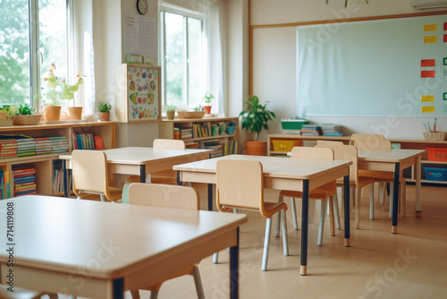 Colorful and spacious empty kindergarten classroom, back to school. Generative ai