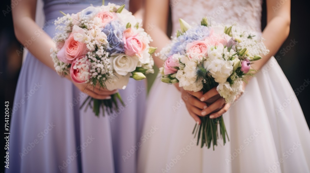 Wedding bouquet in the hands of the bride and groom Generative AI