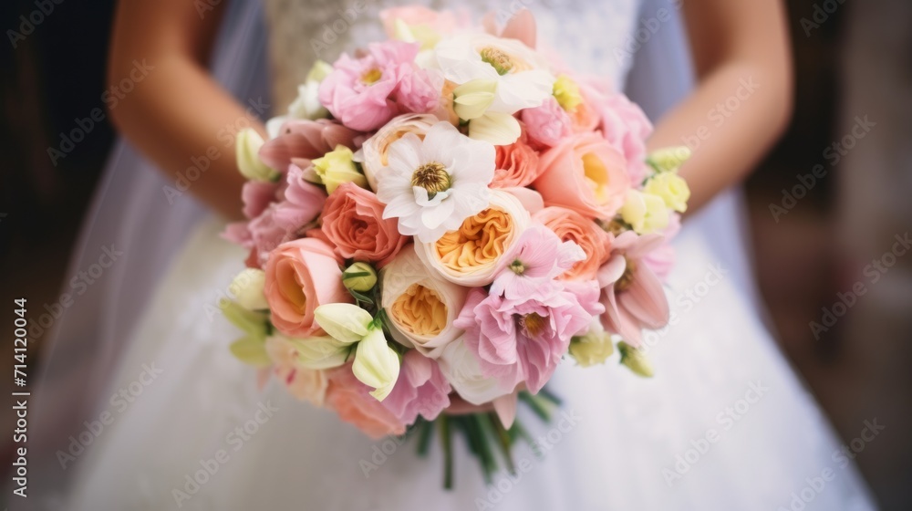 Beautiful wedding bouquet in hands of the bride. Close up Generative AI