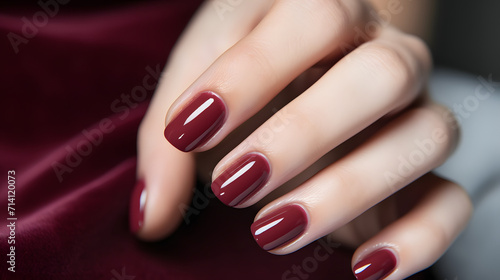 Woman hand with burgundy color nail polish on her fingernails. Burgundy nail manicure with gel polish at luxury beauty salon. Nail art and design. Female hand model. French manicure. .