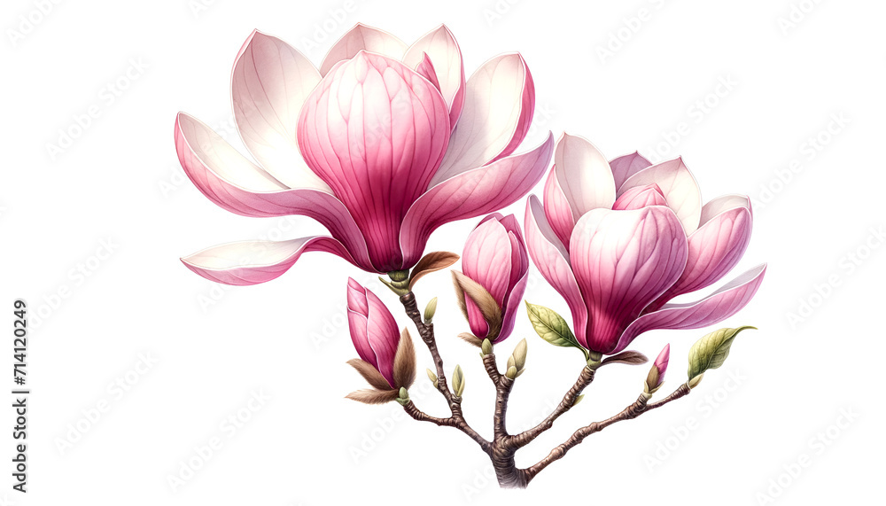 Elegant magnolia branch on white. Springtime background with tender pink magnolia. Pink magnolia flowers in bloom. Delicate magnolia, artistic portrayal