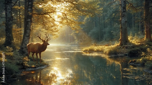 Deer standing next to a river in a forest with amazing sunset atmosphere