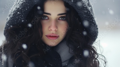 Beautiful young brunette woman in winter clothes. Snowfall. Generative AI
