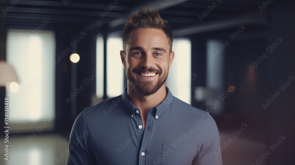 Handsome young man in shirt is looking at camera and smiling while standing in office Generative AI