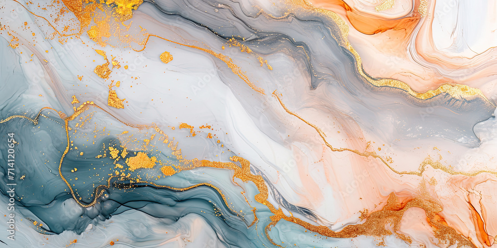 Abstract marble background, Gray and peach, agate texture with thin gold veins.