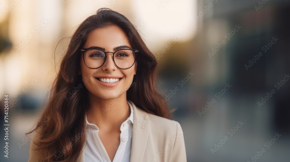 Portrait of a smiling business woman in eyeglasses, outdoors Generative AI