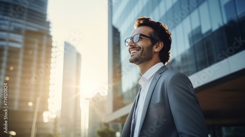Portrait of young businessman in eyeglasses standing outdoors and smiling Generative AI