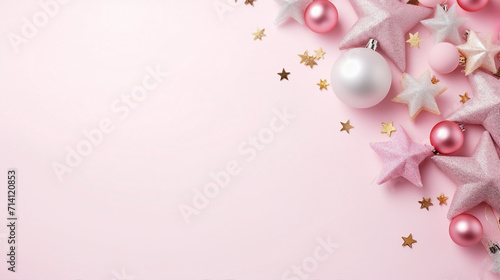 Festive Elegance  Top View Christmas Concept with Stylish Decorations on Snow-Covered Present Boxes and Fir Branches in Isolated Light Pink Background - Copy Space for Promotional Content.