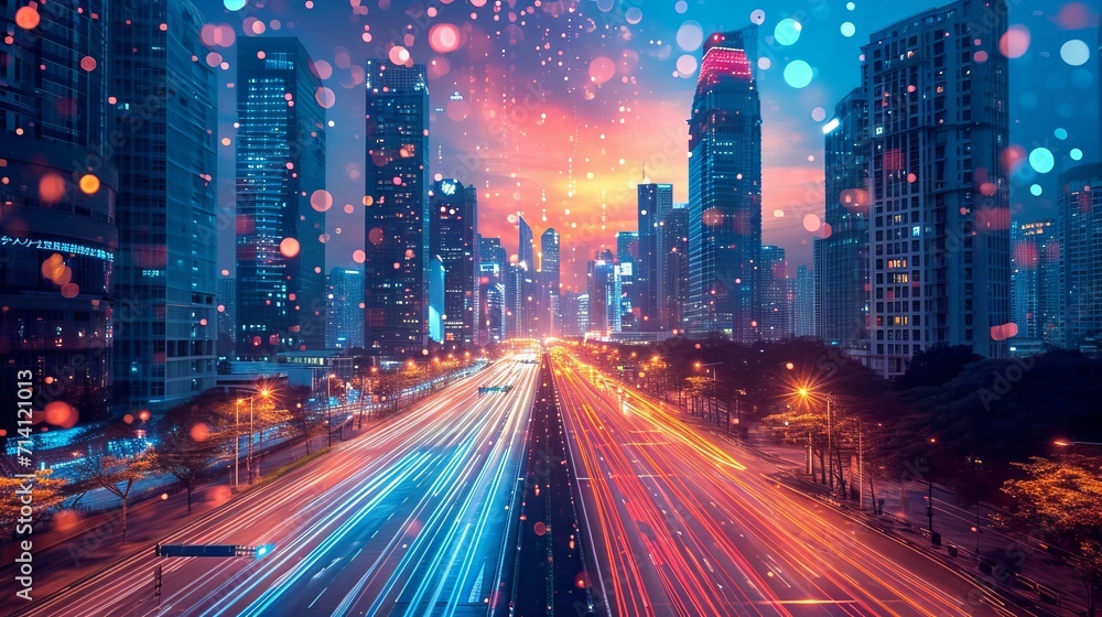 Fototapeta premium Fast city life with blurred motion highway, Modern City sunset