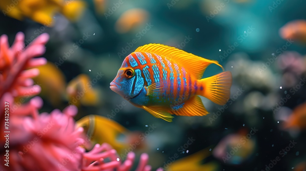Colorful tropical mesmerizing fish in aquarium. AI generated image