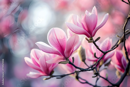 Springtime banner with Dreamy pink magnolia flowers against natural blurred background. Blurry background with pink blooms. Soft focus on pink magnolia beauty