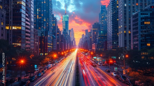 Fast city life with blurred motion highway, Modern City sunset photo