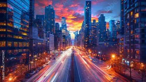 Fast city life with blurred motion highway  Modern City sunset
