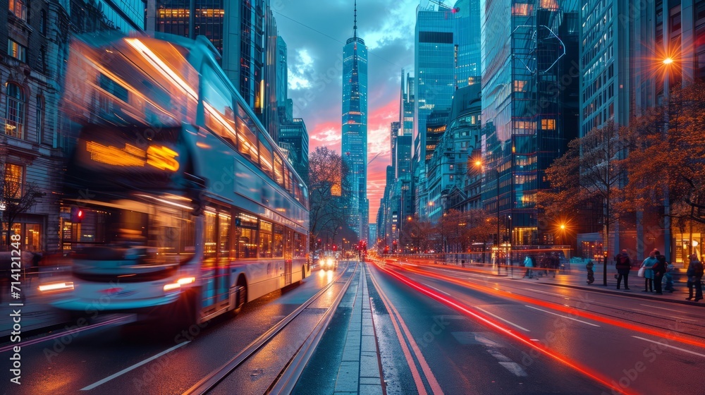Fast city life with blurred motion highway, Modern City sunset Fast city life with blurred motion highway, Modern City sunset