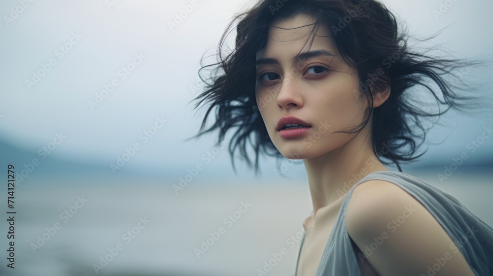 young pretty asian woman on the beach with windy hair, lifestyle people concept Generative AI