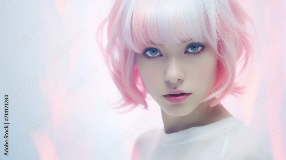 3D illustration of a beautiful girl with pink hair and white blouse Generative AI