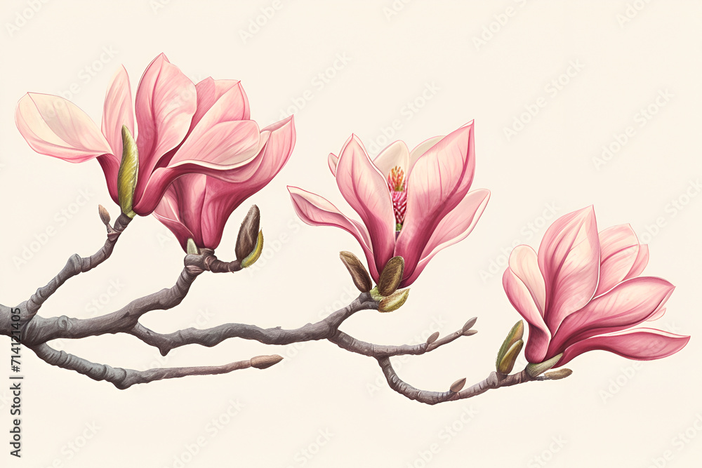 Illustrated pink magnolia branch. Artistic magnolias on a stark branch ...