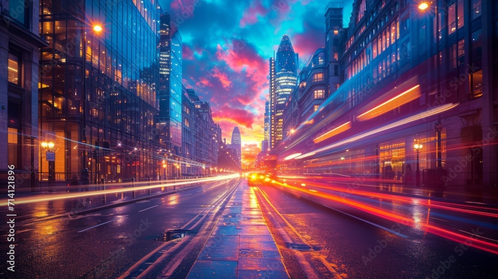 Fast city life with blurred motion highway, Modern City sunset