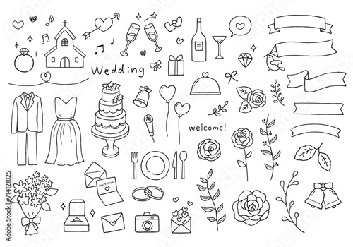 ウエディング・結婚式にまつわる手描きイラストセット（モノクロ）