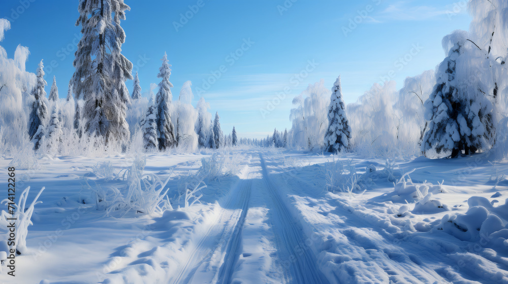 Panorama of the winter landscape with road and blue sky