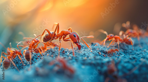 A group of ants on a textured surface. photo