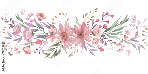 Seamless watercolor floral border. Hand drawn illustration isolated on transparent background. Vector EPS.
